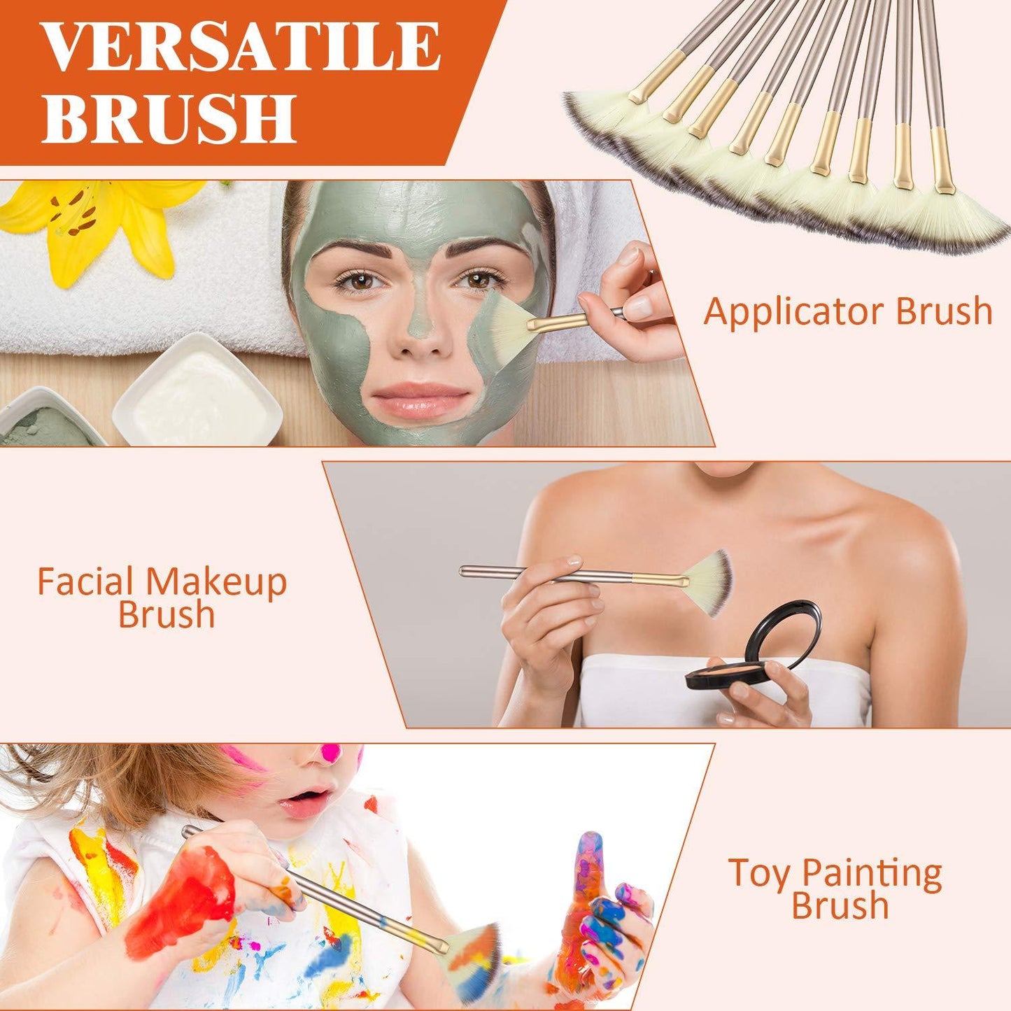 10 Professional Soft Facial Fan Brushes For Mask Mud Cream, Glycolic Peel & Makeup Application - Esthetician Tools With Champagne Finish