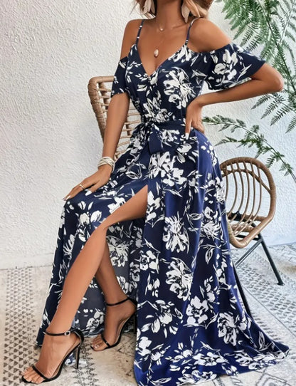 Flower Print Split Suspender Dress With Lace-up Design